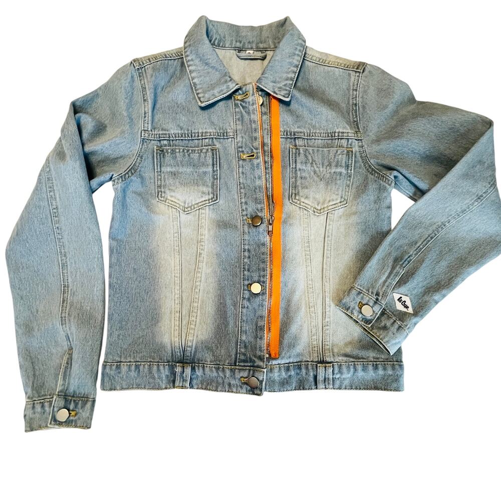 Lee Cooper Vtg 90s Blue Denim Orange Trim Button Asym Zip Classic Jean Jacket M - Picture 9 of 11